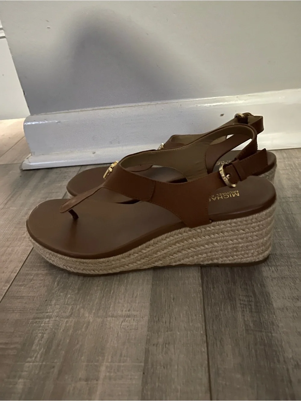 Michael Kors Tan Leather T-Strap Sandals with Gold MK Accent